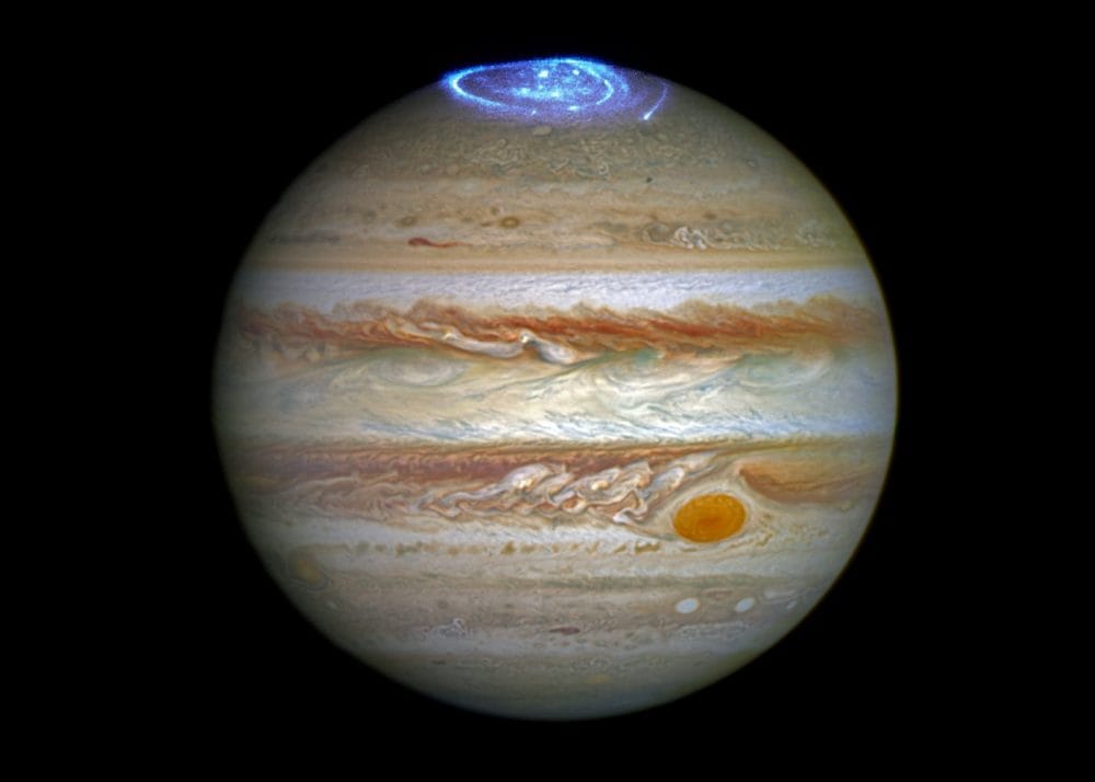 This full-disc image of Jupiter was taken on 21 April 2014 with Hubble's Wide Field Camera 3 (WFC3).