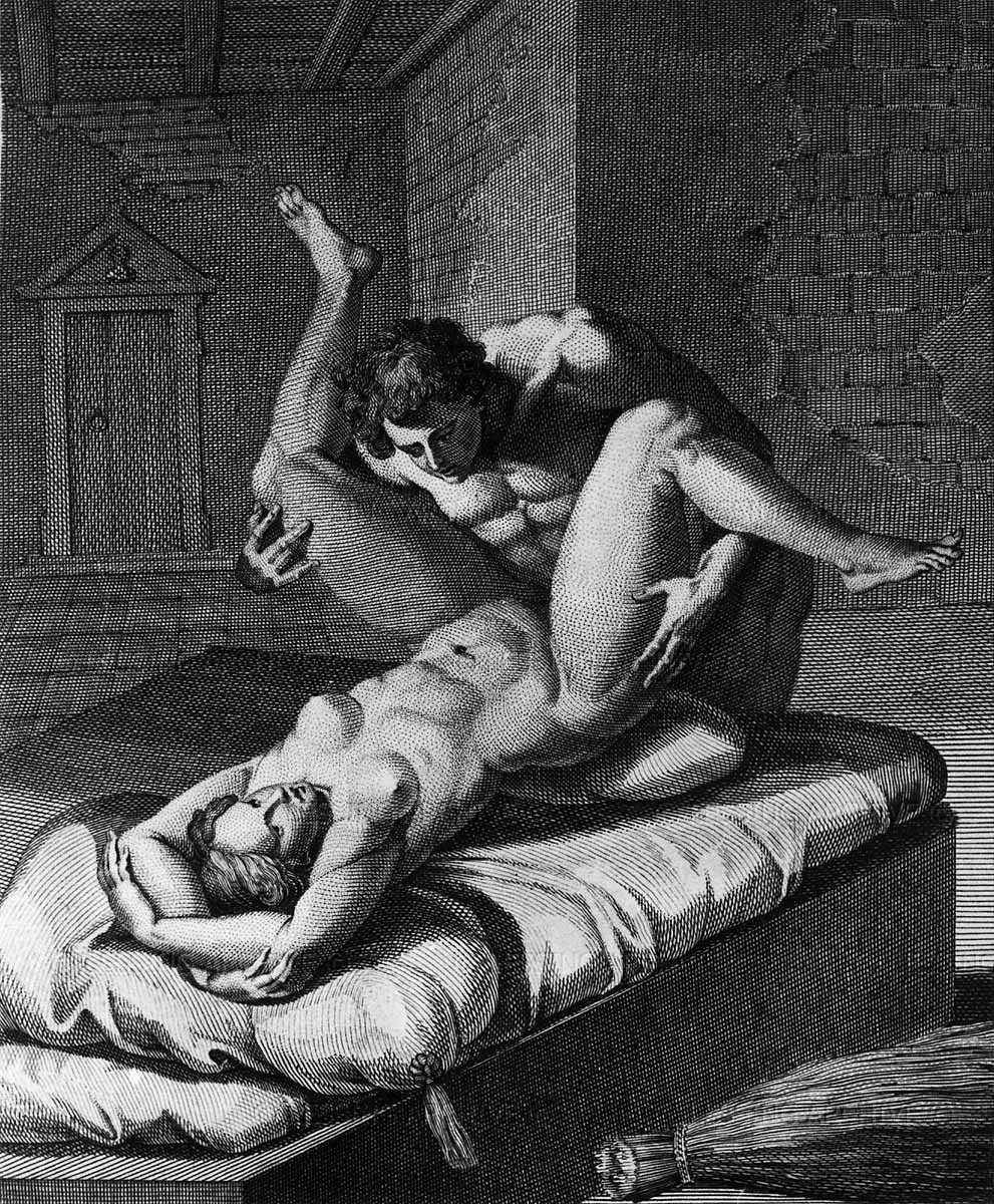18th and 19th century erotic books owned by author and art collector Roger Peyrefitte were auctioned off and dispersed in 1981.Frontispice and engravings from "L'Aretin by Agostino Carracci,or erotic postures.." after Carracci's paintings by J.J. Coigny(1761-1809).