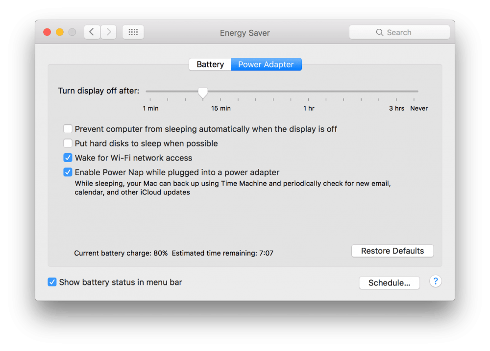 PowerNap System Preferences