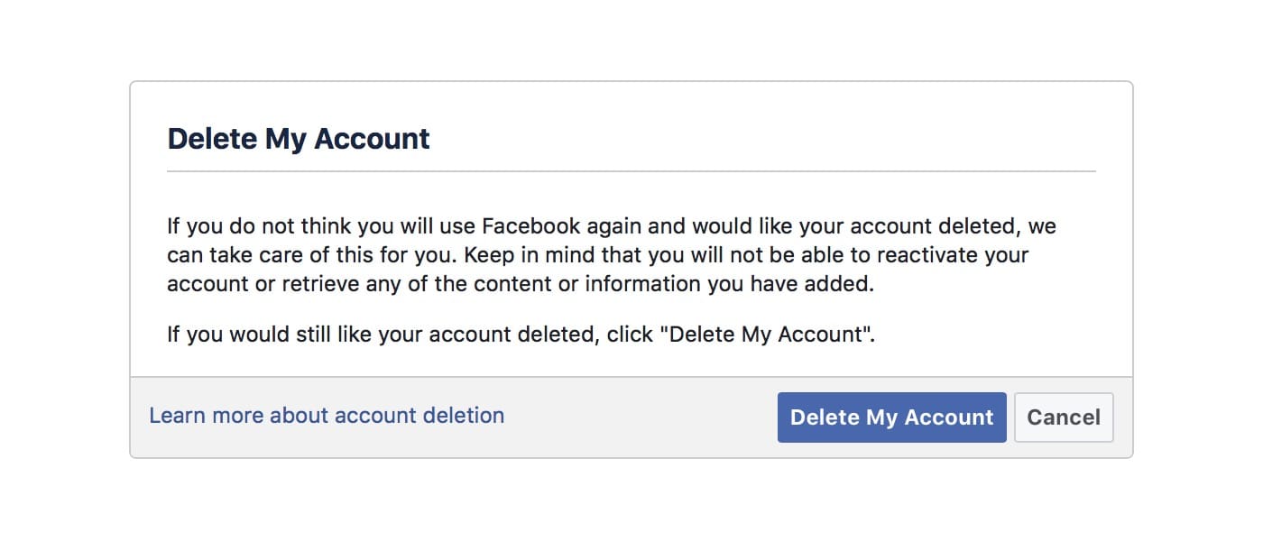 Facebook dialog. Delete Facebook account.