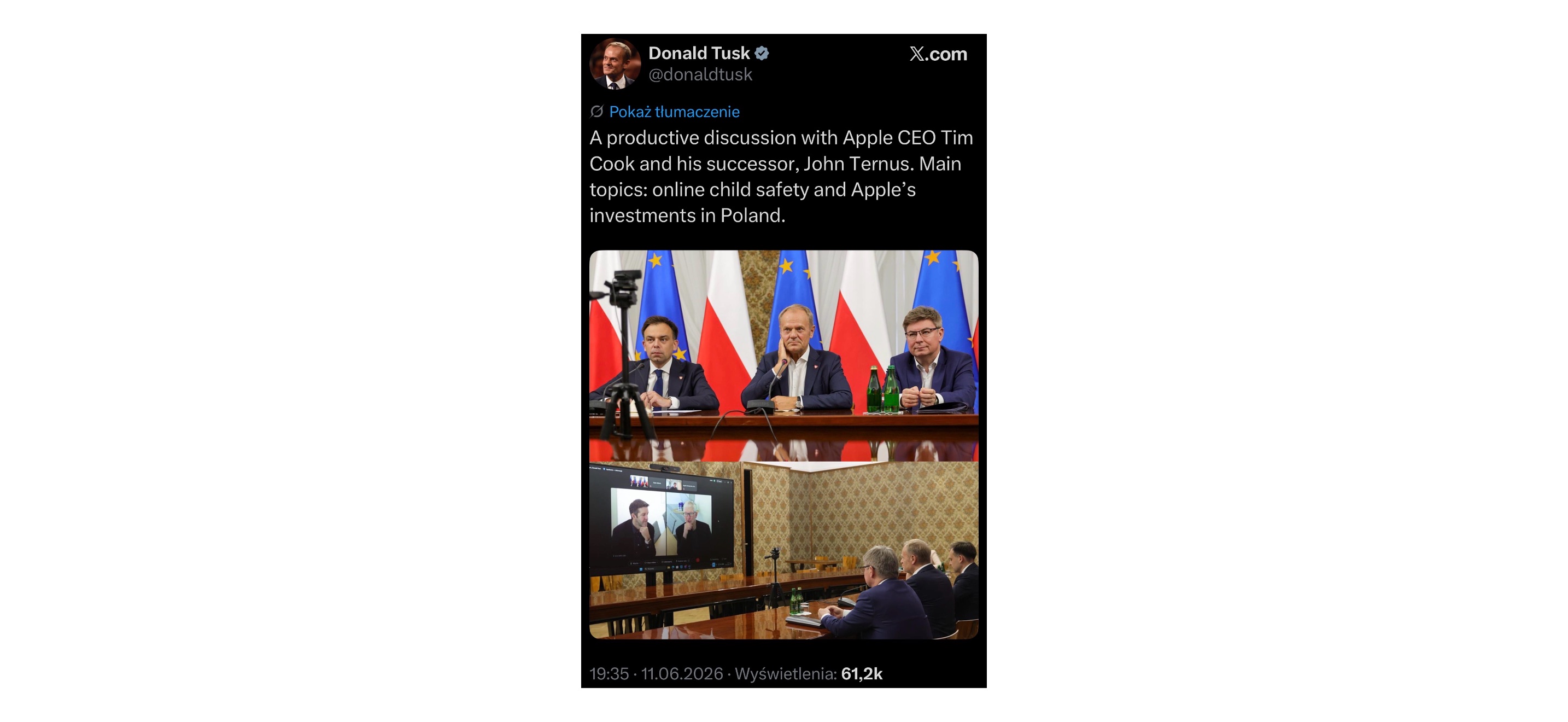Donald Tusk rozmawiał z Timem Cookiem. Wśród tematów inwestycje Apple w Polsce, bezpieczeństwo dzieci i polska Siri